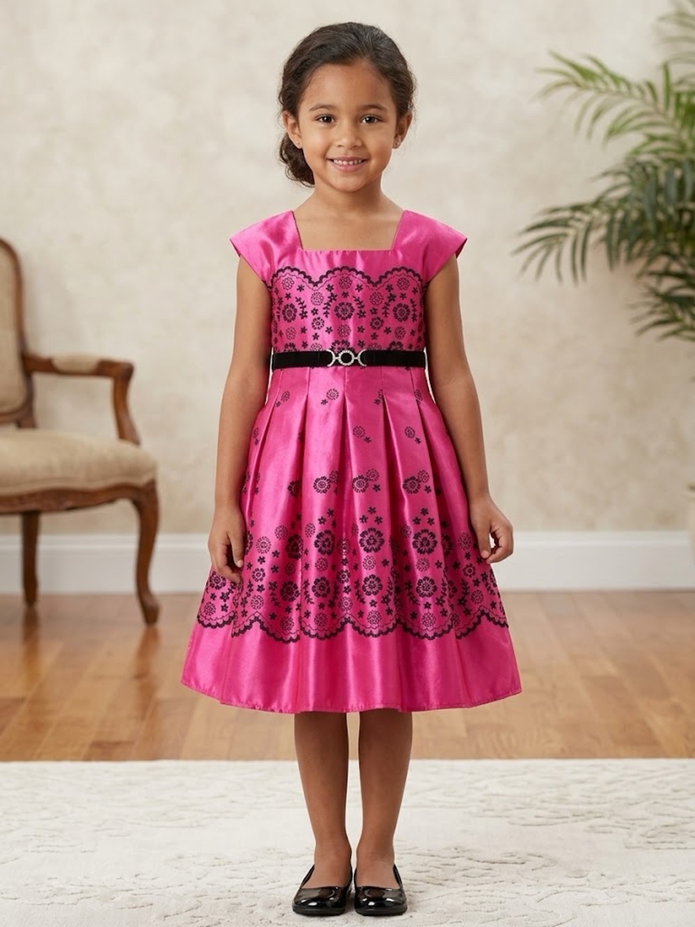 Girls Fuchsia Floral Satin Party Dress with Black Velvet Belt